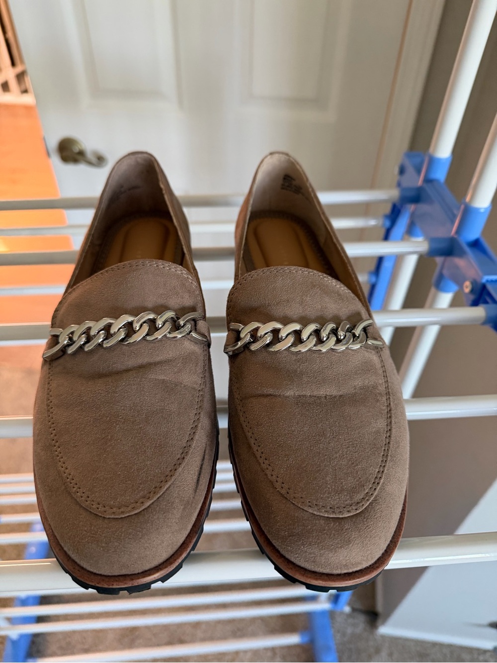 Kelly & Katie Taupe Suede Loafers with Silver Chain